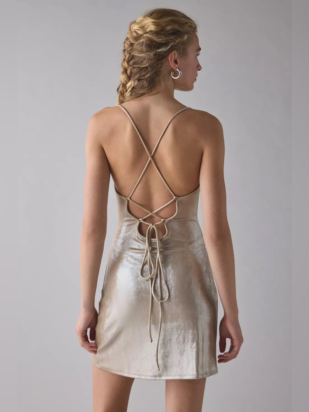Urban Outfitters | Melody Metallic Cowl Neck Strappy Back Mini Dress Taupe Large - Picture 4 of 9